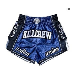 Kill Crew Muay Thai Shorts Blue Paisley Skull Embroidered MMA Kickboxing Mens L
